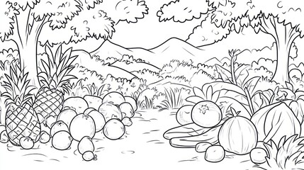 Tropical fruit abundance, jungle path, mountain background; coloring book page