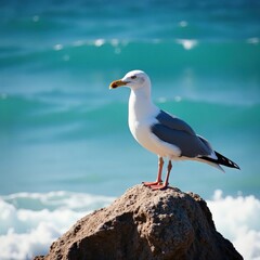 Obraz premium Seagull standing on a rock overlooking ocean waves, beach, waves