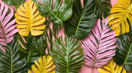Naklejka premium Exotic Monstera foliage backdrop tropical leaves vibrant colorful plant botanical design summer style lush greenery natural pattern