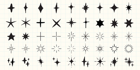 A collection of 36 black star icons on a grid. Various star shapes, sizes, and styles. Star icons for design, star patterns, and creative projects. Element vector set.