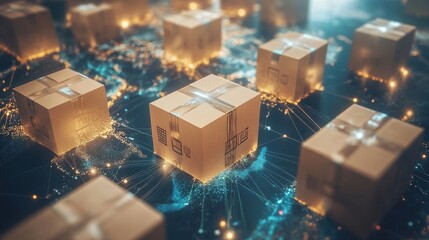 E-commerce package flying through digital network, rapid global shipping.