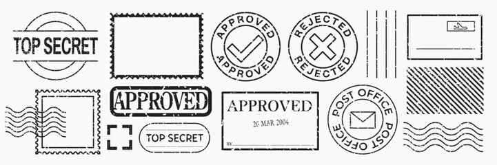 Obraz premium Collection of postal stamps featuring 'Approved', 'Rejected', 'Top Secret'. Various shapes include circles, rectangles, and postal marks. Black stamps, vector set.