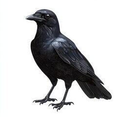 A detailed illustration of a black raven standing gracefully. This striking bird symbolizes mystery and intelligence, making it a captivating subject for nature enthusiasts.
