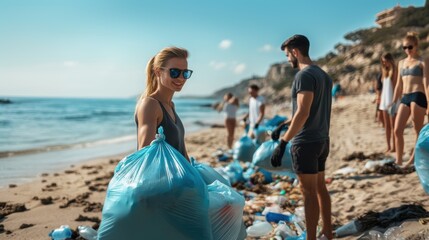 Volunteers picking up garbage trash at sea beach