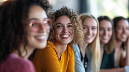 Five cheerful young businesswomen are smiling, showing team spirit and female empowerment in a collaborative and inclusive work environment