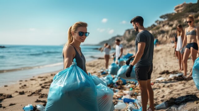 Volunteers picking up garbage trash at sea beach