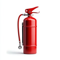 Obraz premium Bright Red Fire Extinguisher Standing Upright with Hose and Nozzle for Safety and Emergency Preparedness