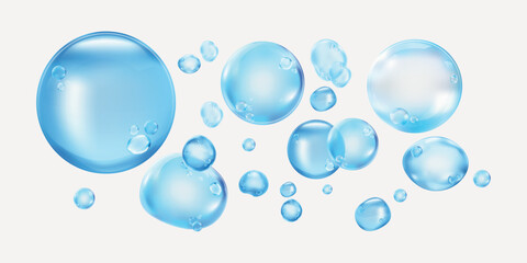 Blue bubbles on a white background. Bubbles of various sizes, floating bubbles, transparent bubbles. Light blue bubbles, clean and fresh bubbles. Soap bubble element vector set.