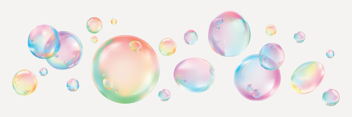 Colorful soap bubbles float on a white background. Bubbles of various sizes create a playful, dreamy effect. Rainbow hues make the bubbles vibrant and lively. Soap bubble element vector set.