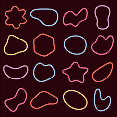 Colorful abstract shapes on a dark background. Abstract shapes in various colors. Shapes include stars, blobs, and ovals. Bright abstract shapes stand out. Colorful shapes, vector element set.