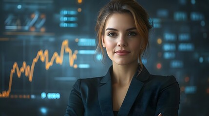 Successful Businesswoman Standing Before Rising Financial Charts and Futuristic Data Analytics Dashboard