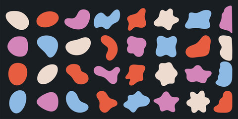 Abstract shapes in vibrant colors on a dark background. Shapes include blobs, stars, and ovals in red, blue, pink, and cream. Modern, colorful abstract design. Colorful shapes, vector element set.