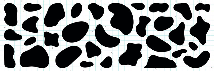 Black cow spots pattern on white background. Cow spots create a unique, abstract design. Perfect for cow-themed projects or cow print enthusiasts. Black shape vector set.