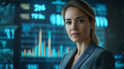 Successful Business Woman Standing Before Rising Financial Chart in Futuristic Corporate Setting