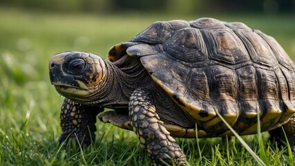 Obraz premium Dawn Walk: A Tortoise's Quiet Journey Across Fresh Morning Grass