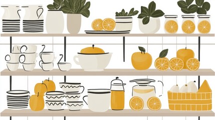 Kitchenware Shelves Graphic Display with Mugs Jars Fruits and Houseplants Illustration for Home Decor and Kitchenware Products Catalog