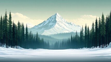 Winterly Scenery of Snowy Mountain Peak Encompassed by Evergreen Trees and Frosty Meadow Calm Minimalist Nature Landscape Painting