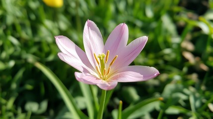 Fototapeta premium Pink Rain Lily blooms in garden, sunlit background. Use greeting card