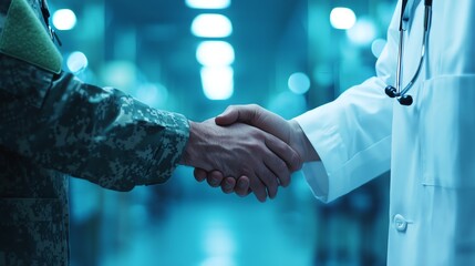 A military service member and doctor share a handshake, symbolizing cooperation and support for veterans in healthcare.