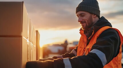 A smiling worker in an orange vest organizes boxes during sunset, showcasing teamwork and dedication in a logistics environment.
