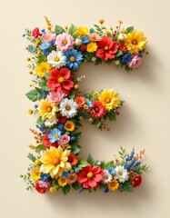 letter, E, floral, flowers, vibrant, colorful, artistic, elegant, design, organic, natural, red, yellow, pink, blue, white, blooms, green, leaves, accents, beige, background, soft, texture, warm, 