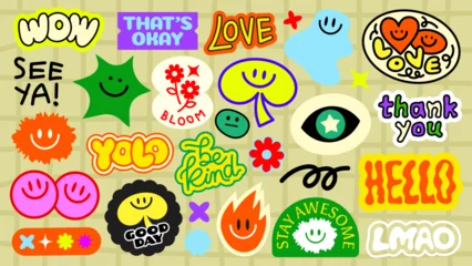 Colorful stickers with phrases like 'WOW', 'LOVE', 'YOLO', 'HELLO' Bright designs with smiley faces, flowers, and stars Fun, vibrant, and cheerful stickers Funky stickers, vector set