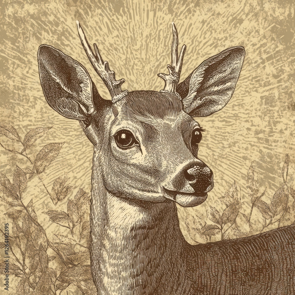 Fototapete intricate engraved deer portrait in sepia tones with space for text and detailed line work. generati