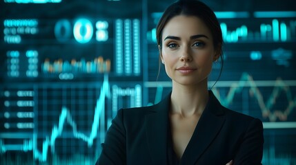 Successful Businesswoman Standing in Front of Rising Financial Charts and Futuristic Technology Display