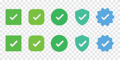 Set of green and blue checkmark icons in various shapes: square, circle, shield, and starburst. Checkmark icons for approval, validation, and confirmation. Vector element set.