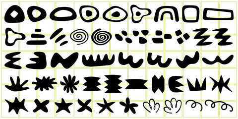 Abstract shapes in black, featuring swirls, zigzags, and stars. These abstract shapes form a dynamic pattern, showcasing bold and creative designs. Funky shapes vector set.