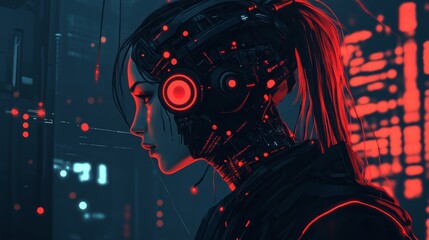 Generative AI futuristic illustration of side view of pensive cyborg character with illuminated dots and wires with cables looking away against dark - ai