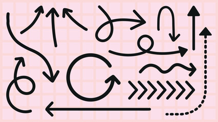 Collection of black arrows on a pink grid background. Arrows in various directions: curved, straight, and zigzag. Arrows for navigation and design. Hand drawn element vector set.
