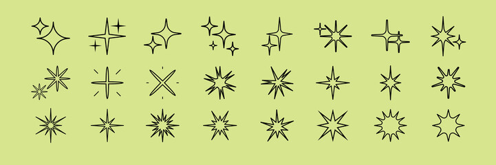 Collection of starburst icons on a green background. Various starburst designs, starburst shapes, and starburst patterns in a simple style. Element vector set.