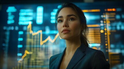 Confident Businesswoman Stands Before Rising Financial Charts in Futuristic Corporate Setting