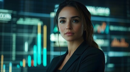 Naklejka premium Confident Businesswoman Stands Amidst Futuristic Financial Charts and Rising Graph