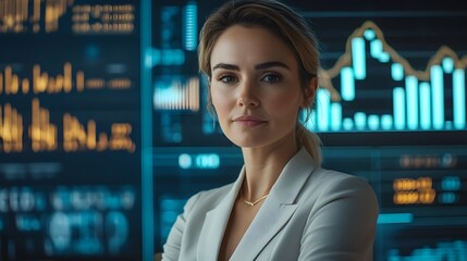 Confident Businesswoman Analyzing Futuristic Financial Data in Professional Setting