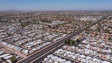 Afternoon aerial view of housing in Apache Junction, Arizona, USA.