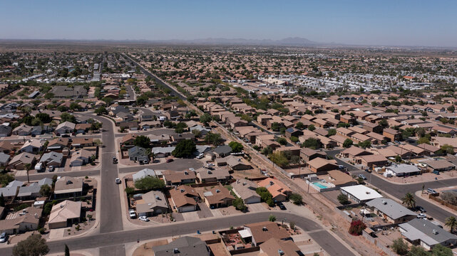 Afternoon aerial view of housing in Apache Junction, Arizona, USA.