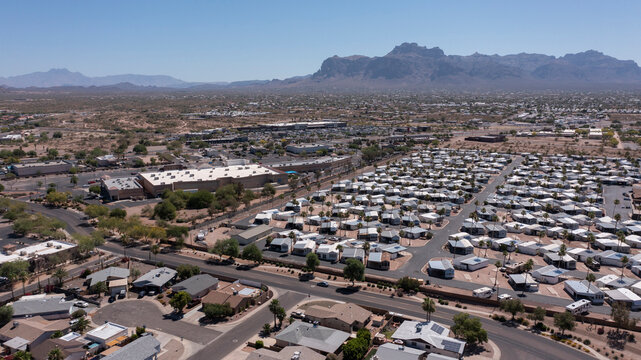 Afternoon aerial view of housing in Apache Junction, Arizona, USA.
