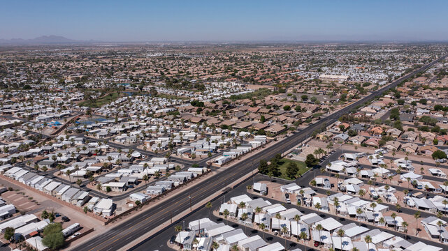 Afternoon aerial view of housing in Apache Junction, Arizona, USA.