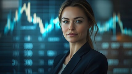 Confident Businesswoman Amid Rising Financial Graphs and Digital Charts