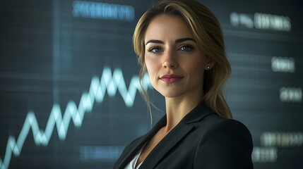 Confident Businesswoman Stands Before Rising Financial Charts in Futuristic Corporate Setting