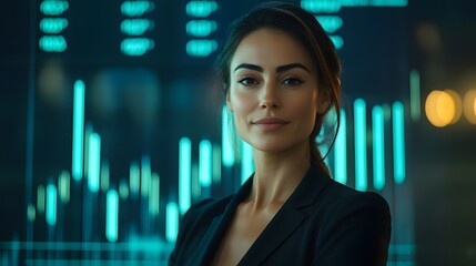 Confident Businesswoman Overlooking Futuristic Financial Data Displays