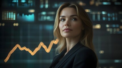Successful Businesswoman Examines Futuristic Financial Charts in Cinematic Professional Setting