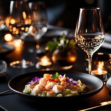 Exquisite Scallop Ceviche with Edible Flowers on Black Plate Fine Dining Restaurant Setting