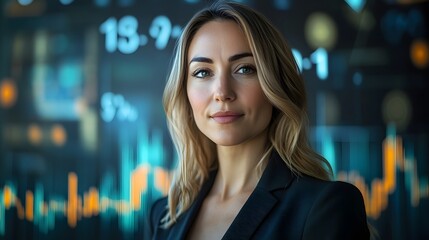 Confident Business Leader Overseeing Futuristic Financial Analytics in Professional Setting