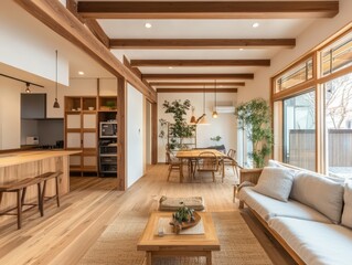 Fototapeta premium Bright and airy modern home showcases wooden beams and furniture
