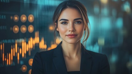 Confident Businesswoman Stands Before Futuristic Financial Charts and Rising Graph