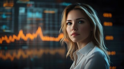 Fototapeta premium Successful Businesswoman Examining Rising Financial Charts in Futuristic Corporate Setting