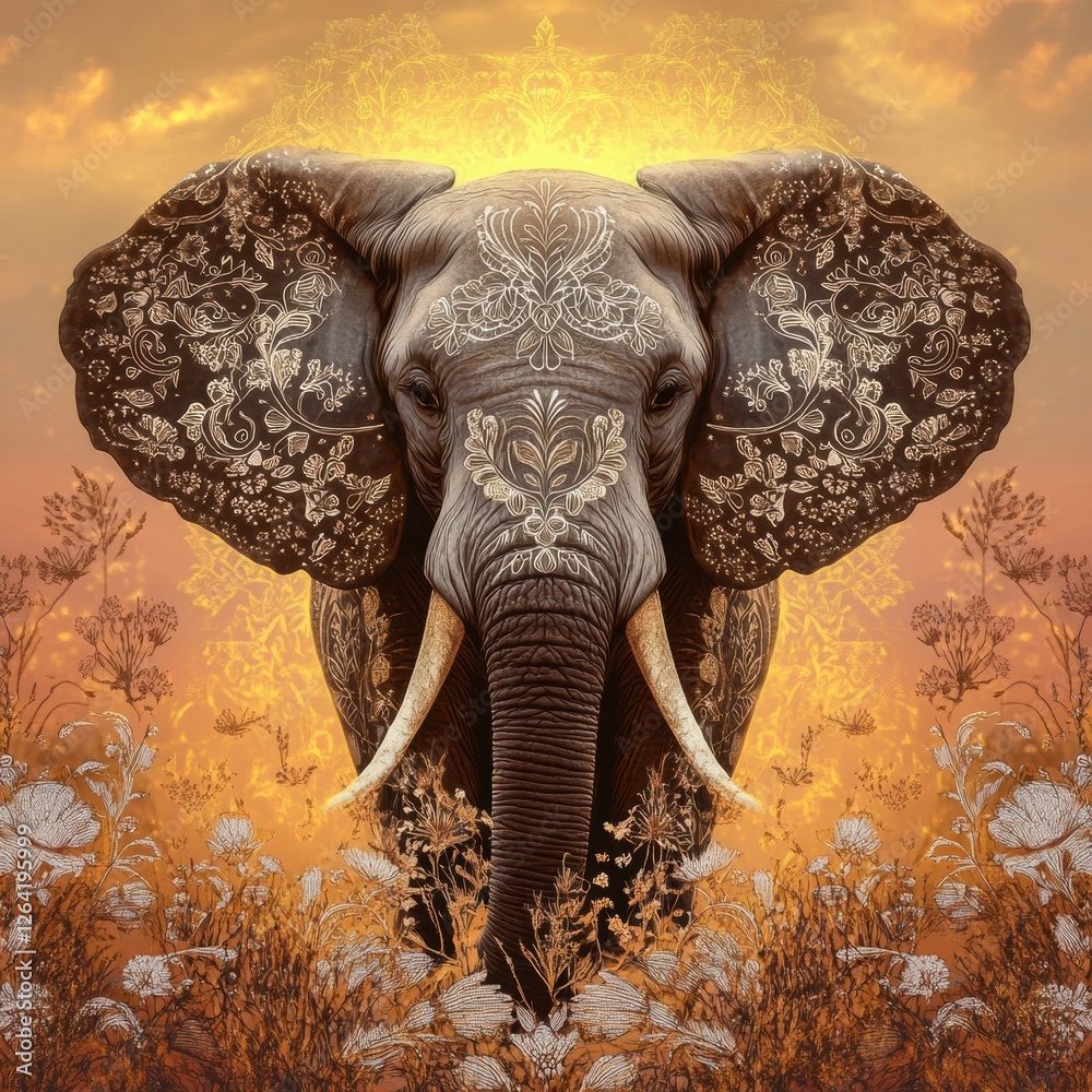 Aufkleber Majestic elephant with intricate patterns under a golden sunset in an open landscape. Generative AI